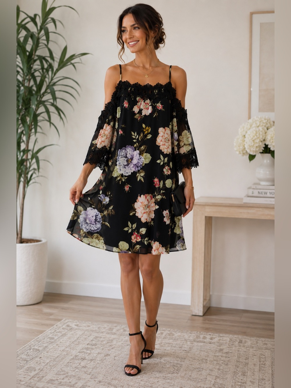 BCX Black Floral Cold-Shoulder Mini Dress